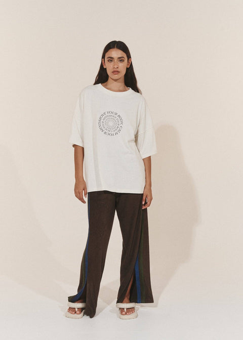 Oversized Hemp Circular Print T-Shirt - Raw/Dark Brown: M