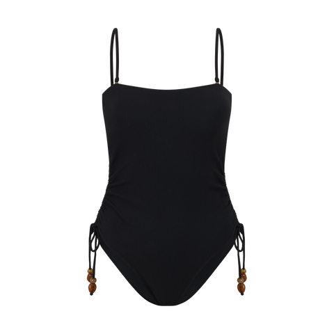 Ruched Side Tie One Piece - Black Rib