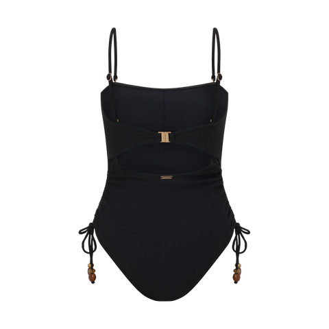 Ruched Side Tie One Piece - Black Rib